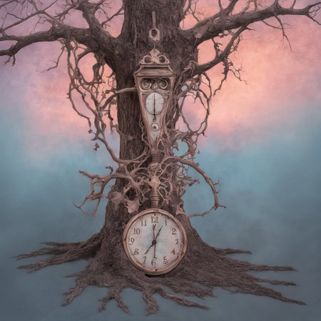 time concept. clock and tree in the middle of old on a background sky.time sky.の素材