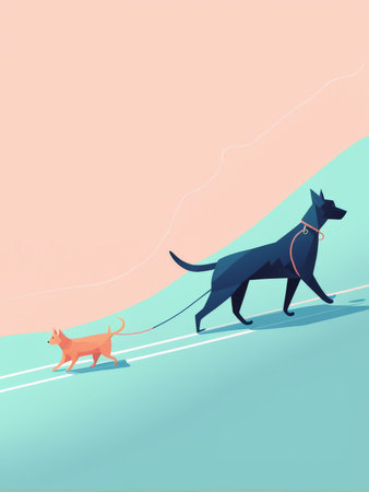 Two dogs of different sizes walking on a colorful path with pink and teal backgroundsの素材