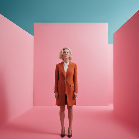 elegant blonde woman in a stylish suit with handbag posing the studioの素材
