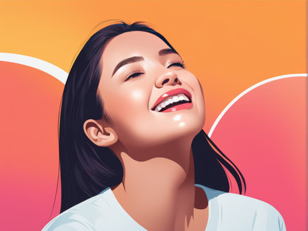 A joyful woman enjoying a sunny day with an orange and pink backgroundの素材