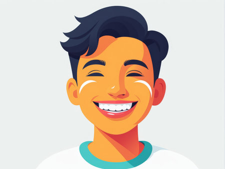 A cheerful illustration of a smiling young individual with playful hairの素材