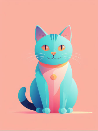 A stylized cartoon cat with a cheerful expression on a pink backgroundの素材