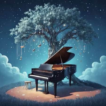 illustration of a piano in dark nightの素材