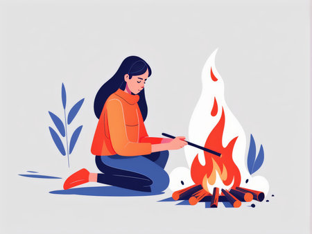 An illustration of a person roasting marshmallows over an outdoor campfireの素材
