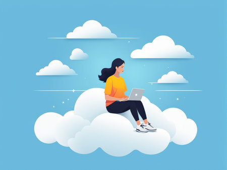 A person on a cloud using a laptop in a tranquil sky settingの素材