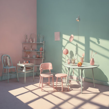 3d of a pastel pink interior with white backgroundの素材