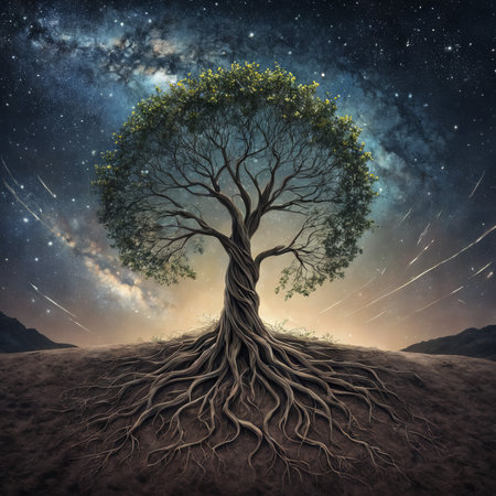 tree with moon, sky and clouds, 3d illustrationの素材