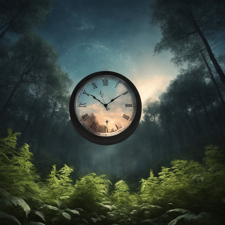 old wooden clock in forest.old forest.の素材