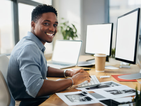 A cheerful young man working at a desk with multiple screens and documents.の素材