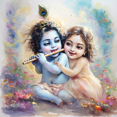 A painting depicting a young Krishna playing the flute with Radha in a colorful garden.の素材