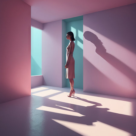 woman standing in empty room.woman room.の素材