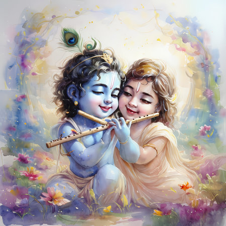 A tender moment between two children playing a flute amidst colorful flowers and petals.の素材