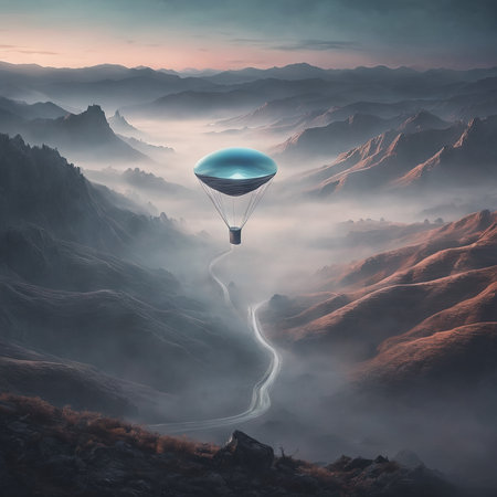 3d of an alien planet flying above the mountain. fantasy landscape.の素材