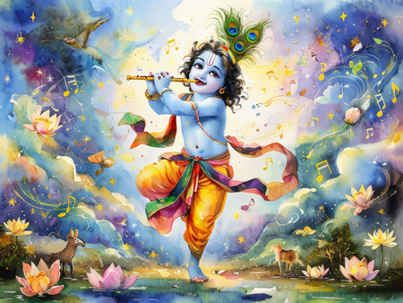A vibrant depiction of a young Krishna playing the flute amidst nature and animals.の素材