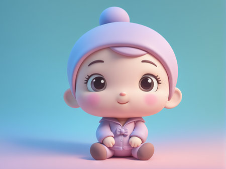 cute baby doll sitting in pink cap. 3dの素材
