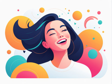 An animated illustration of a joyful woman with flowing hair amidst colorful abstract shapesの素材