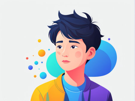 A young person in a colorful outfit with abstract circles around themの素材