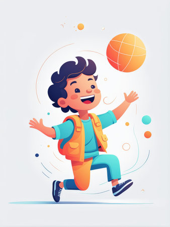A joyful child playing basketball with colorful elements surrounding himの素材