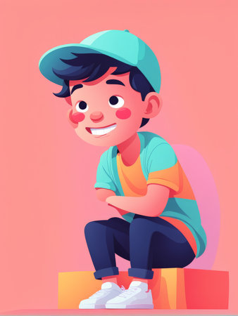 A cheerful child sitting confidently with a pink backgroundの素材