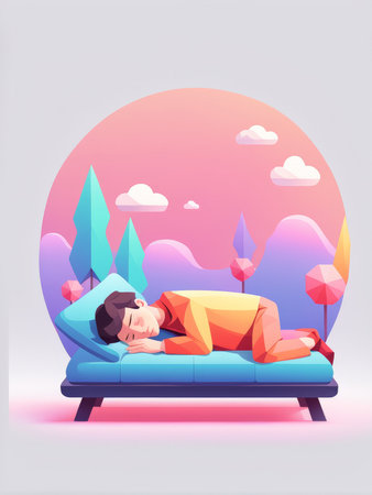 A peaceful illustration of a person sleeping on a couch amidst colorful and serene landscapesの素材