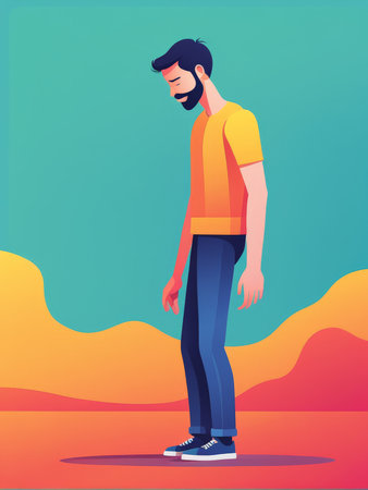A man in a casual pose against colorful abstract backgroundの素材