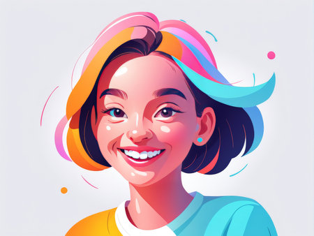 A cheerful digital illustration of a smiling woman with multicolored hairの素材