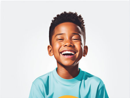 A joyful young boy radiates happiness in a casual outdoor settingの素材