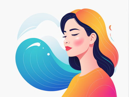 An illustration of a person with flowing hair and colorful waves around themの素材