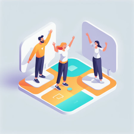 Group celebrating success on a digital platformの素材