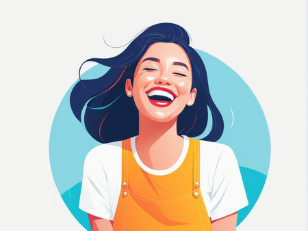 A joyful young woman in overalls laughing with wild hair and wind blowing through itの素材