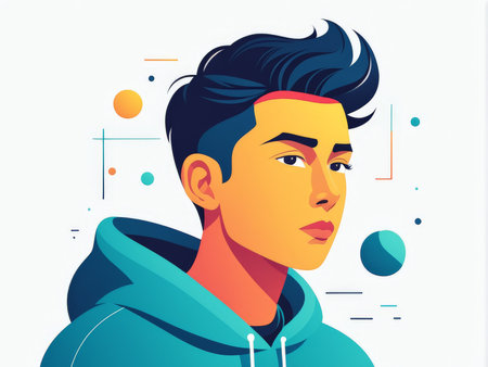 A stylized digital illustration of a young man in casual attireの素材