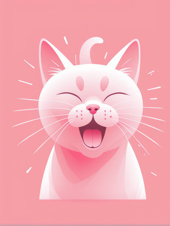 An animated pink cat expressing joy against a pink backgroundの素材