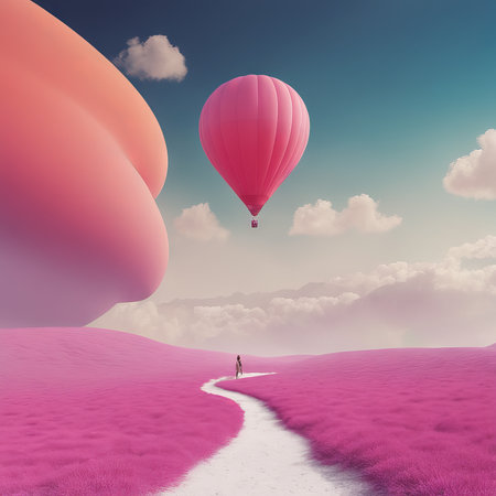 a beautiful landscape with pink balloons in the sky white cloud and balloon background.a background.の素材