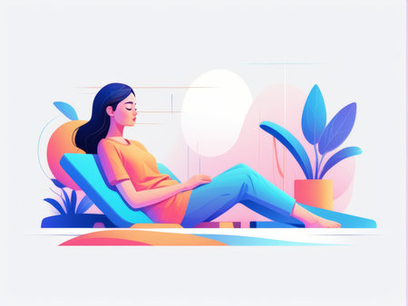A relaxed woman enjoys a sunny day with colorful plants and minimalistic designの素材