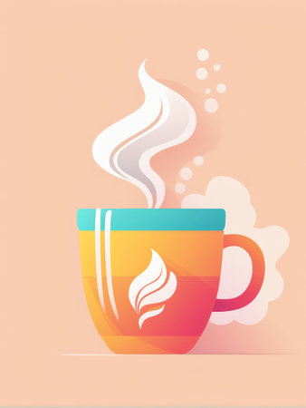 An artistic depiction of a steaming hot beverage in an orange mug with teal accentsの素材