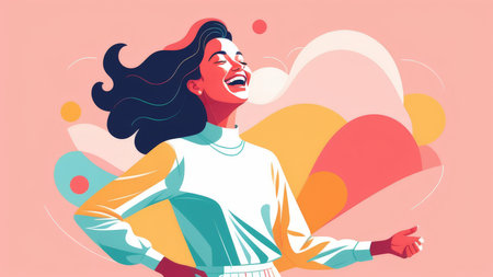 An animated character celebrating joyfully with flowing hair and colorful abstract backgroundの素材