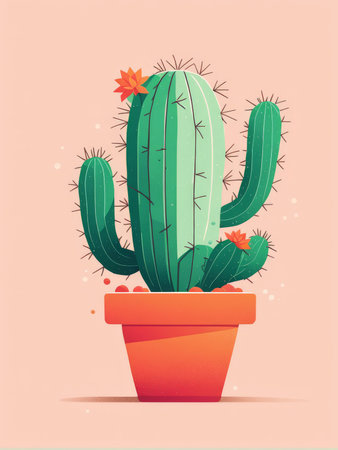 A stylized illustration of a green cactus in an orange pot with red flowers on pink backgroundの素材