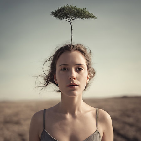 portrait of a beautiful girl with long hair in the desert on background trees nature.portrait nature.の素材
