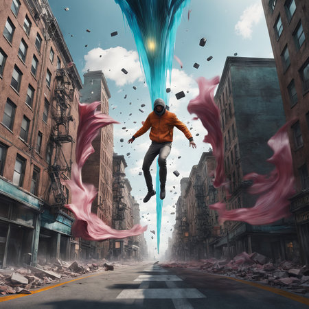 businessman jumping in a storm. mixed mediaの素材