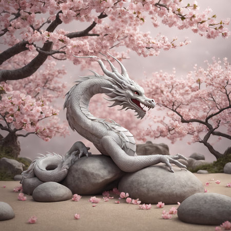 a beautiful white dragon in the garden.a garden.の素材