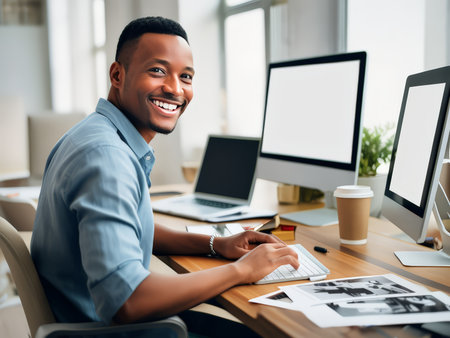 A cheerful man working at a desk with multiple monitors and office supplies.の素材