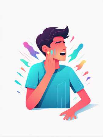 A young person in a colorful environment expressing joy or surpriseの素材