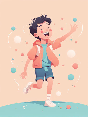 A joyful young boy playfully throwing colorful orbs into the airの素材