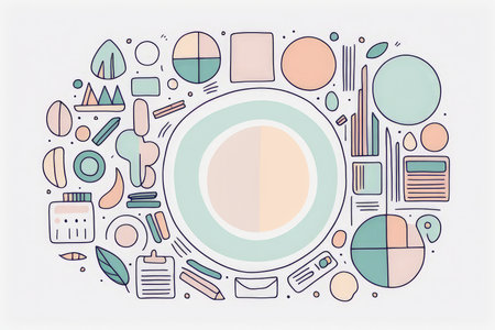 A collection of diverse and colorful icons arranged around a central circular motif representing creativity or brainstormingの素材
