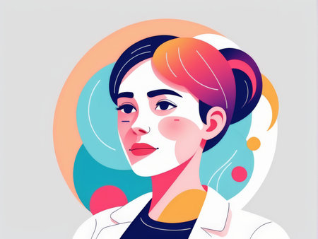 A stylized illustration of a woman with colorful hair and faceの素材