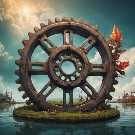 3d illustration of a fantasy background with large rusty metal gears and plantの素材