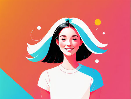 A joyful woman with dynamic hair against a colorful backgroundの素材