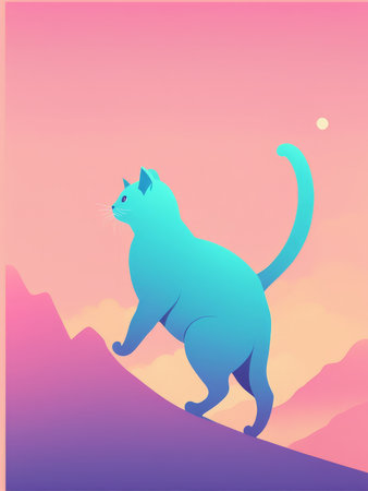 A stylized blue cat is depicted walking on a pinkhued mountain during sunset or sunriseの素材