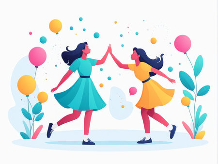 Two cheerful women celebrating with highfives and balloonsの素材