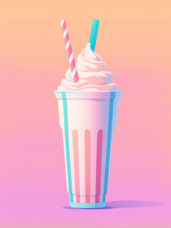 Stylized pink milkshake with colorful straws on a gradient backgroundの素材